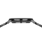 Side profile of the dark silver-tone watch case and crown between the ends of the grey link bracelet.