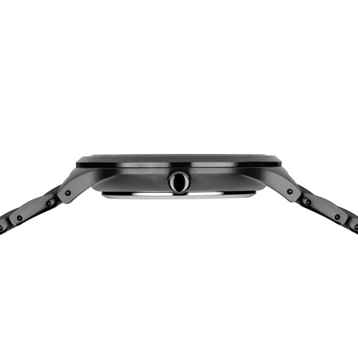 Side profile of the dark silver-tone watch case and crown between the ends of the grey link bracelet.