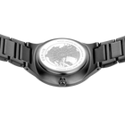 Engraved watch case back with the grey link bracelet extended to either side.