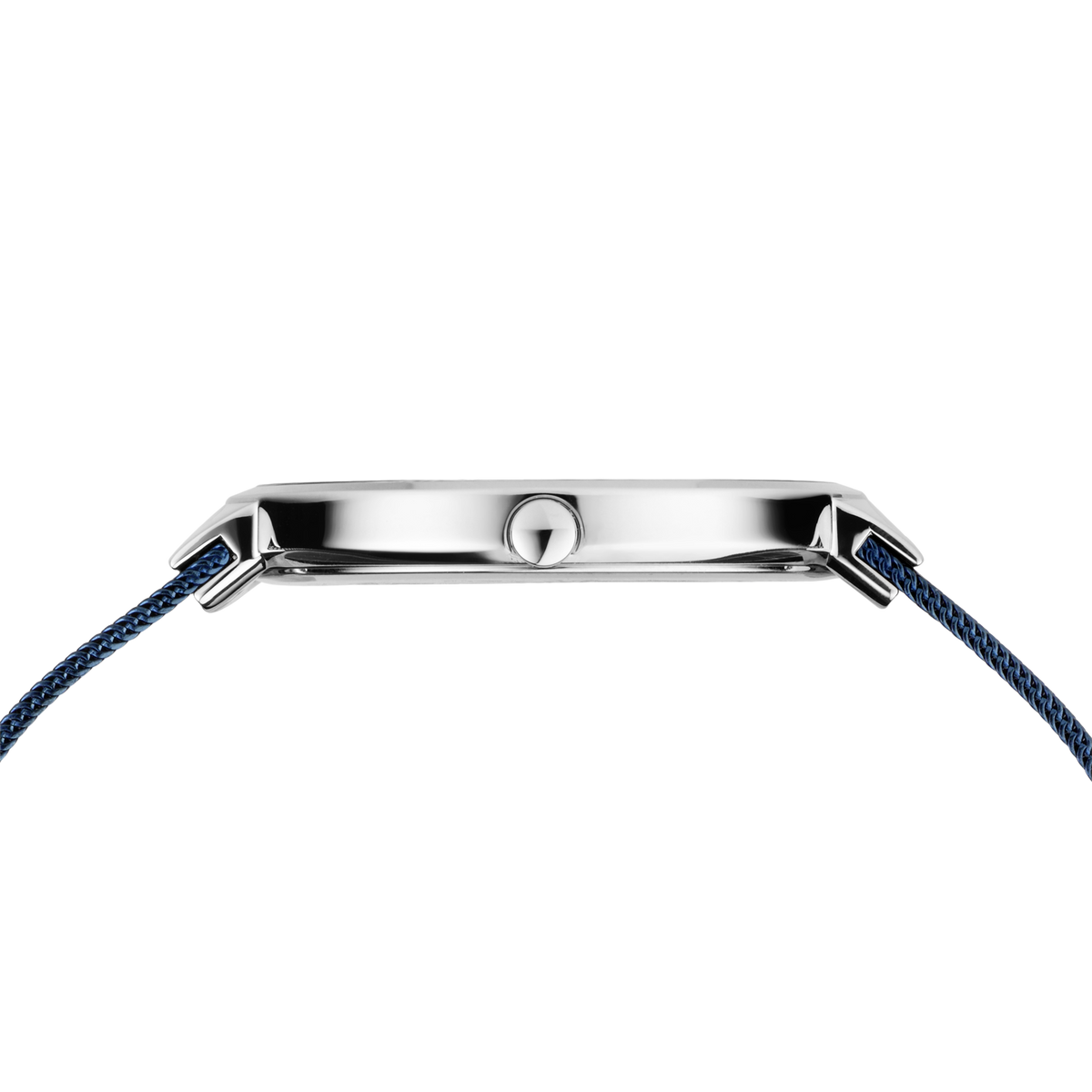 Side profile of the silver-tone watch case and crown between the ends of the blue mesh strap.
