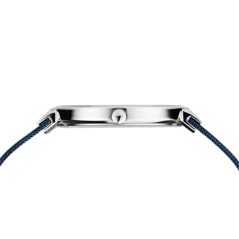Side profile of the silver-tone watch case and crown between the ends of the blue mesh strap.