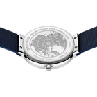 Engraved watch case back with the blue mesh strap extended to either side.