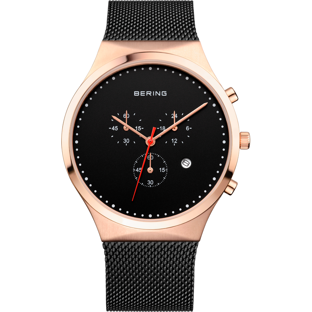 Reloj BERING de frente: esfera negra con tres subesferas, caja rosada y correa de malla negra.