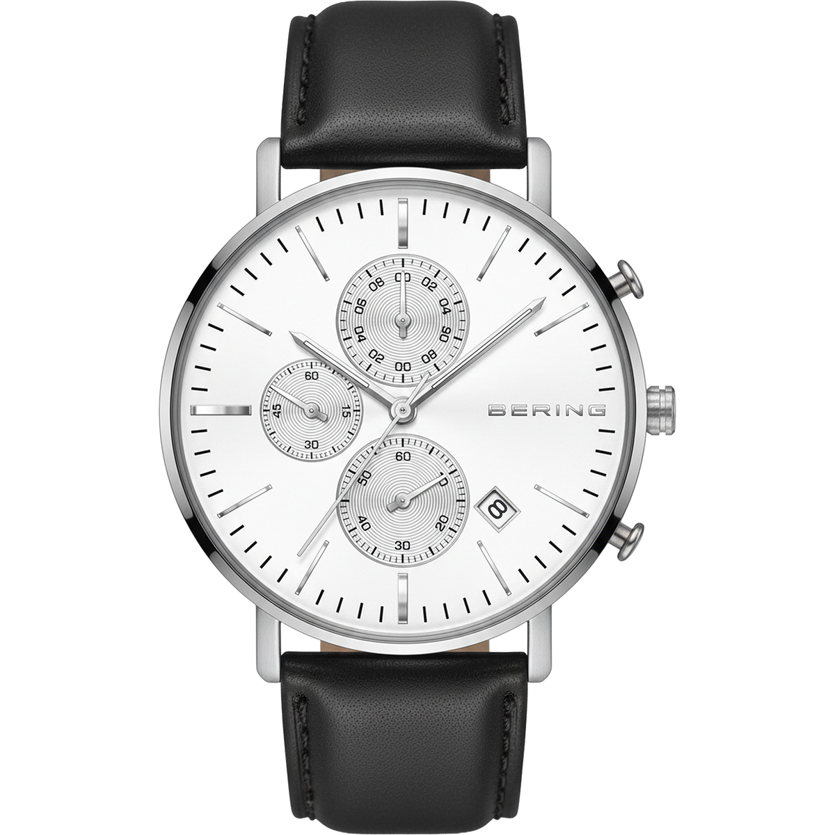 Reloj BERING de frente: esfera blanca con tres subesferas, caja plateada y correa negra con costuras.