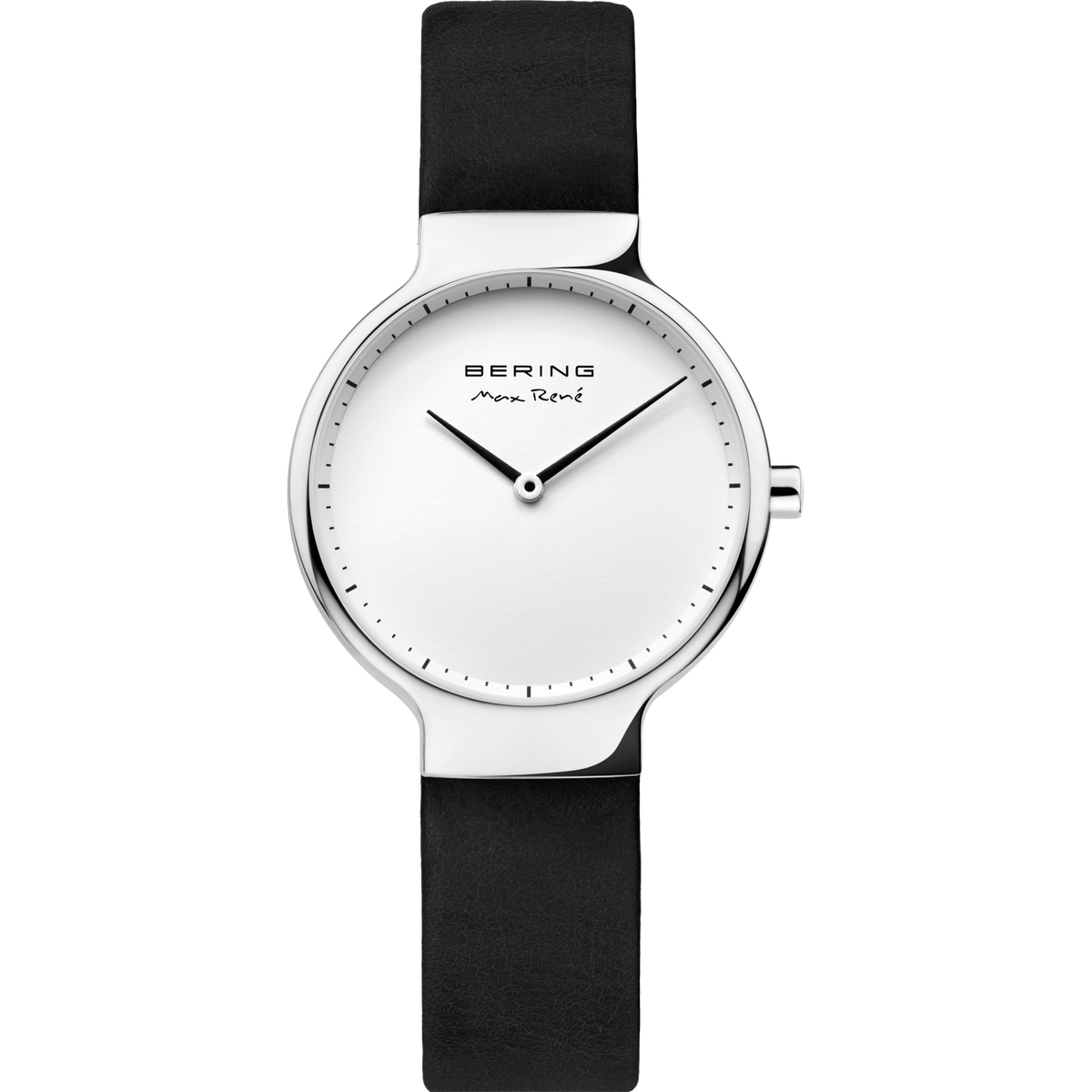 Reloj BERING de frente: esfera blanca, caja plateada y correa negra lisa.