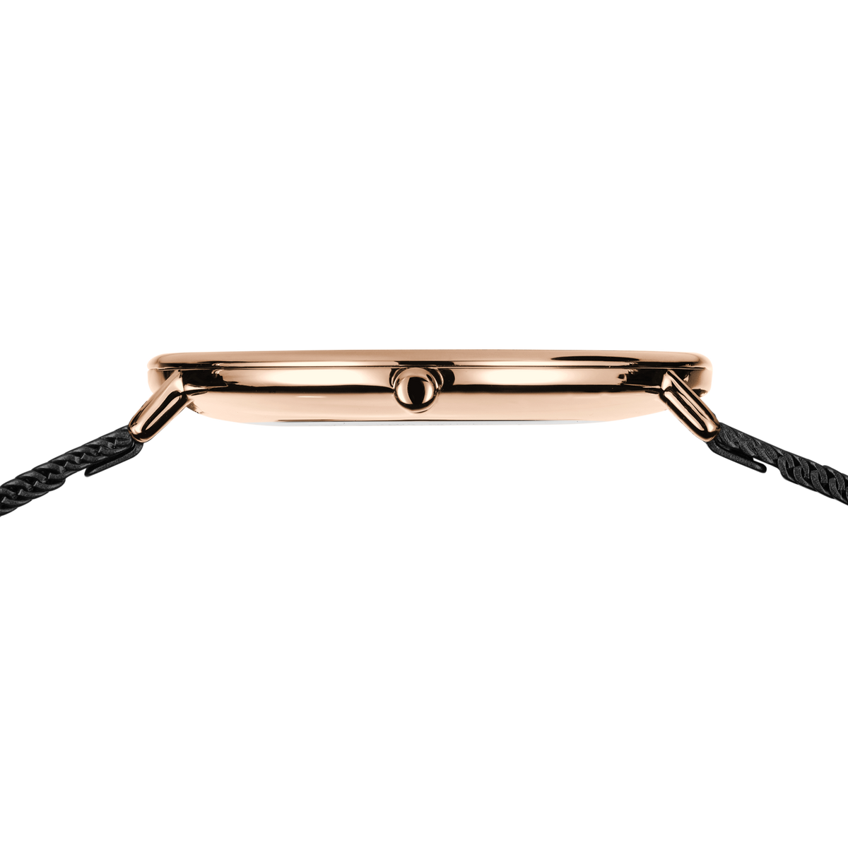 Side profile of the rose-tone watch case and crown between the ends of the black mesh strap.