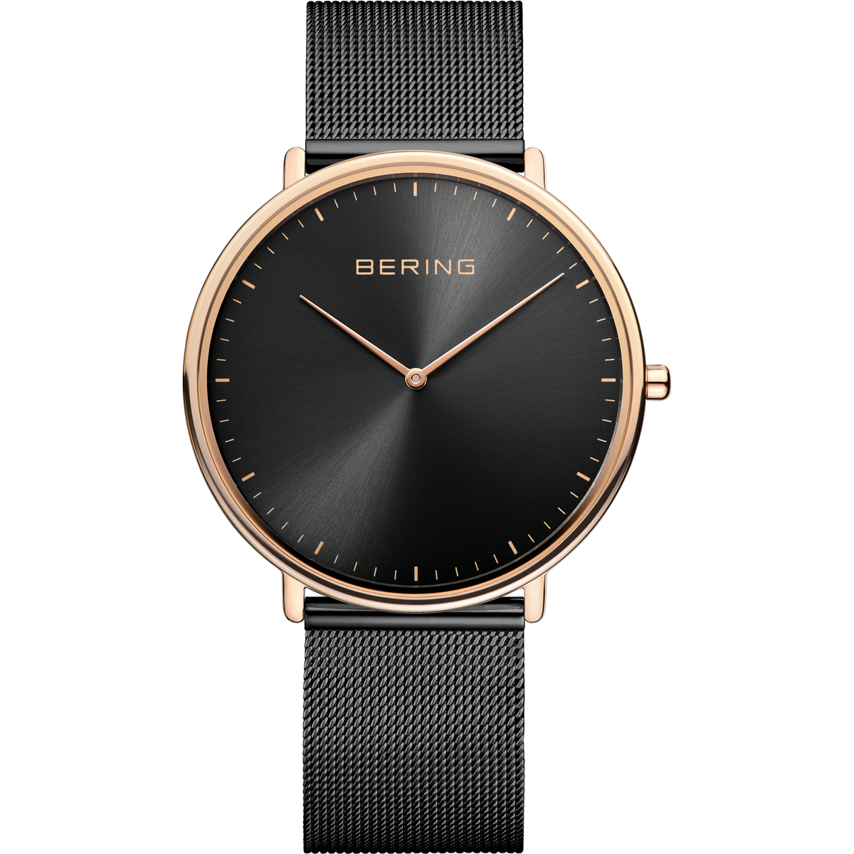 Front view: black dial, rose-tone case and black mesh strap.