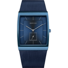 Reloj BERING de frente: esfera azul con una subesfera inferior, caja azul rectangular y correa de malla azul.