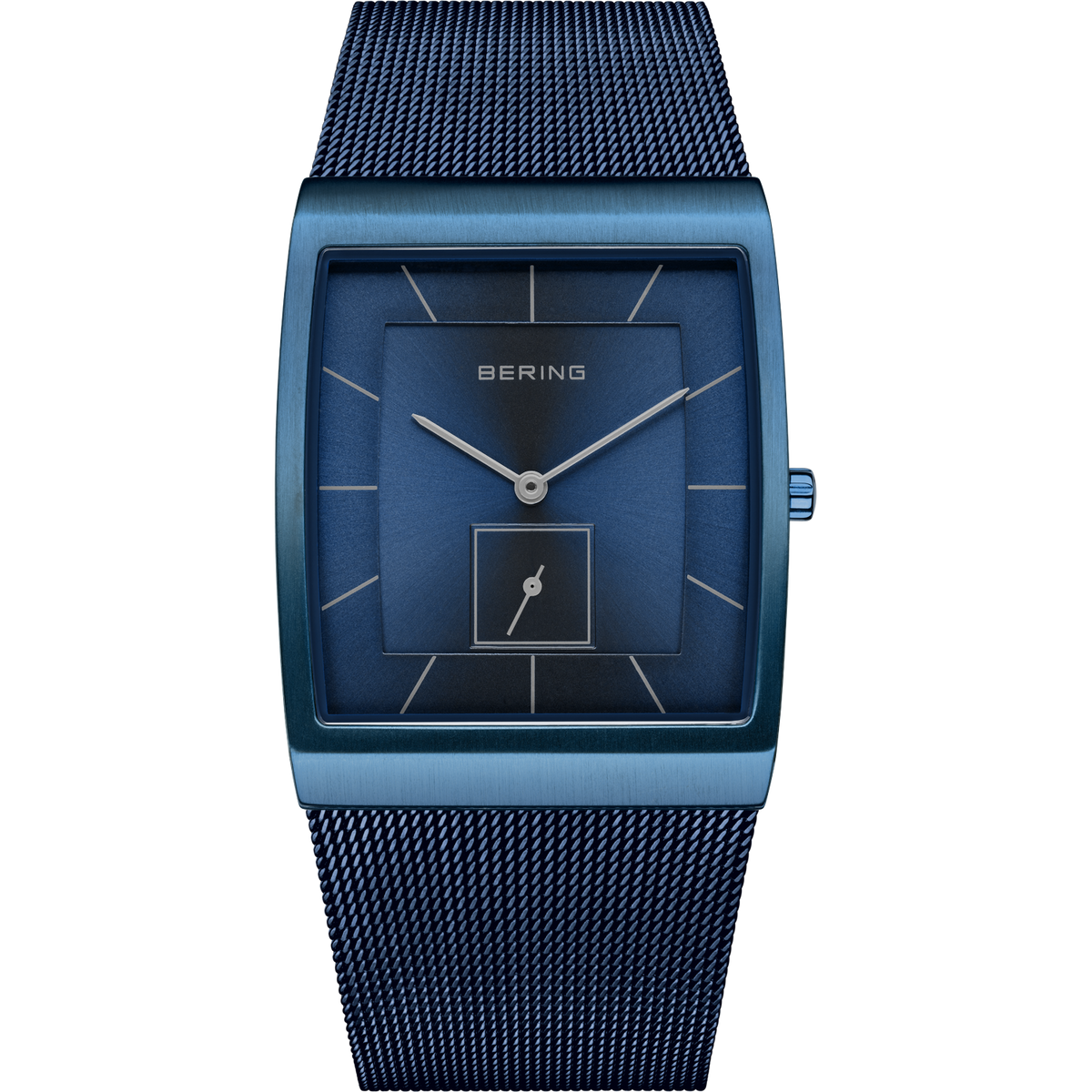 Reloj BERING de frente: esfera azul con una subesfera inferior, caja azul rectangular y correa de malla azul.