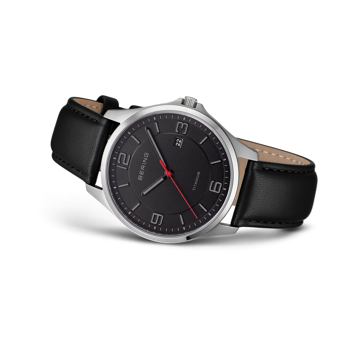 Titanium Date Numerical Leather Watch Black