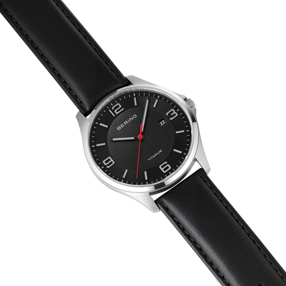Titanium Date Numerical Leather Watch Black