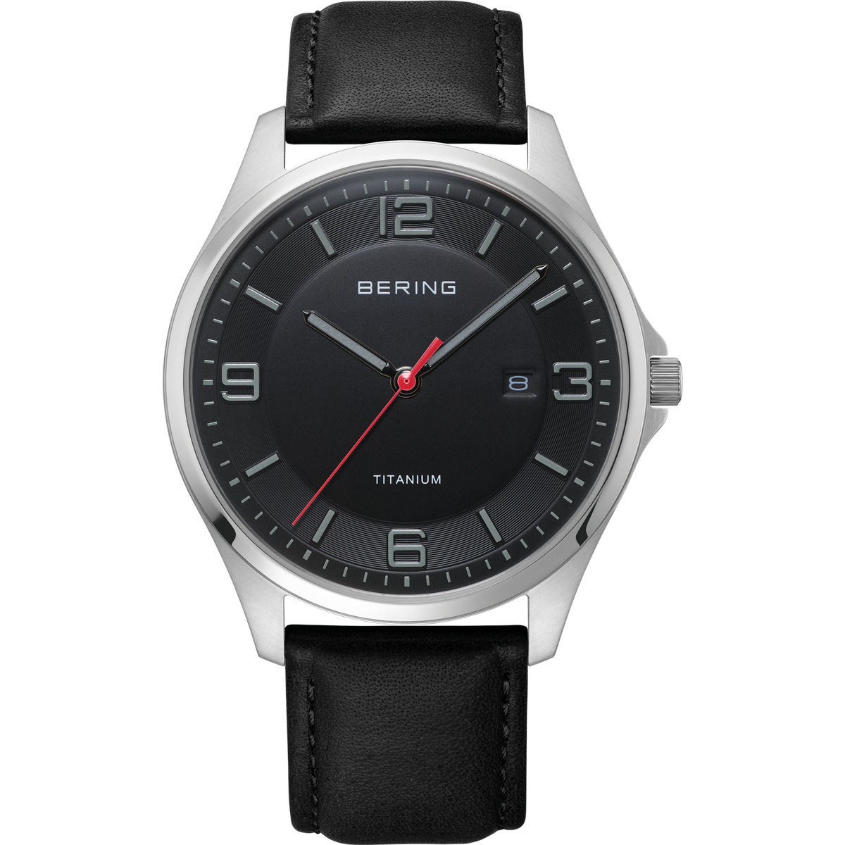 Titanium Date Numerical Leather Watch Black