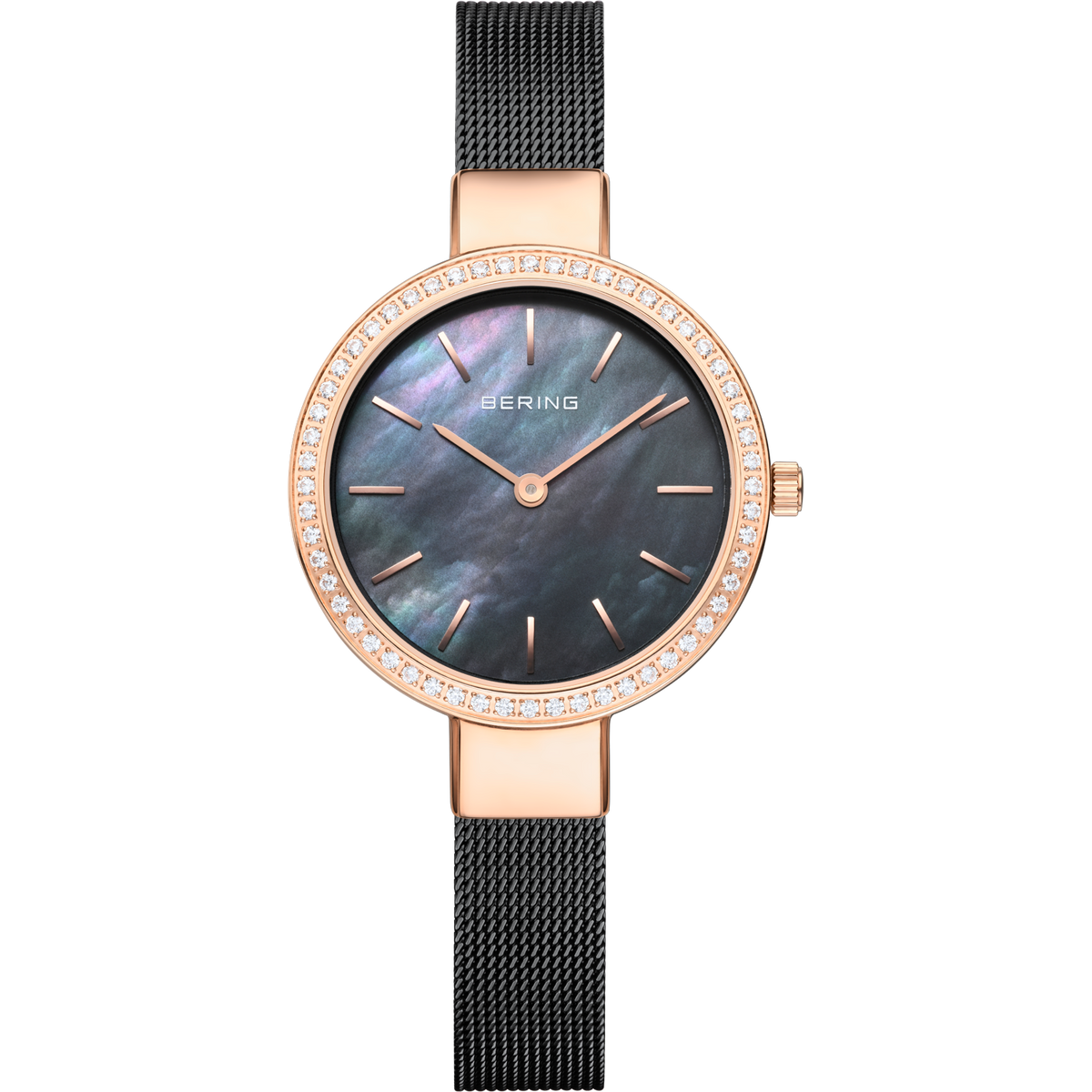 Front view: dark mottled dial, rose-tone with sparkling bezel case and black mesh strap.