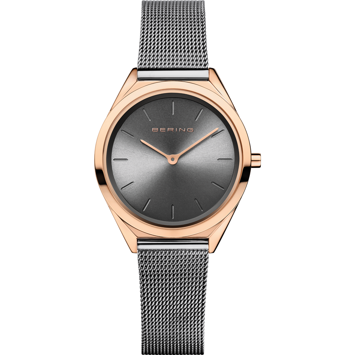 Reloj BERING de frente: esfera gris, caja rosada y correa de malla gris.