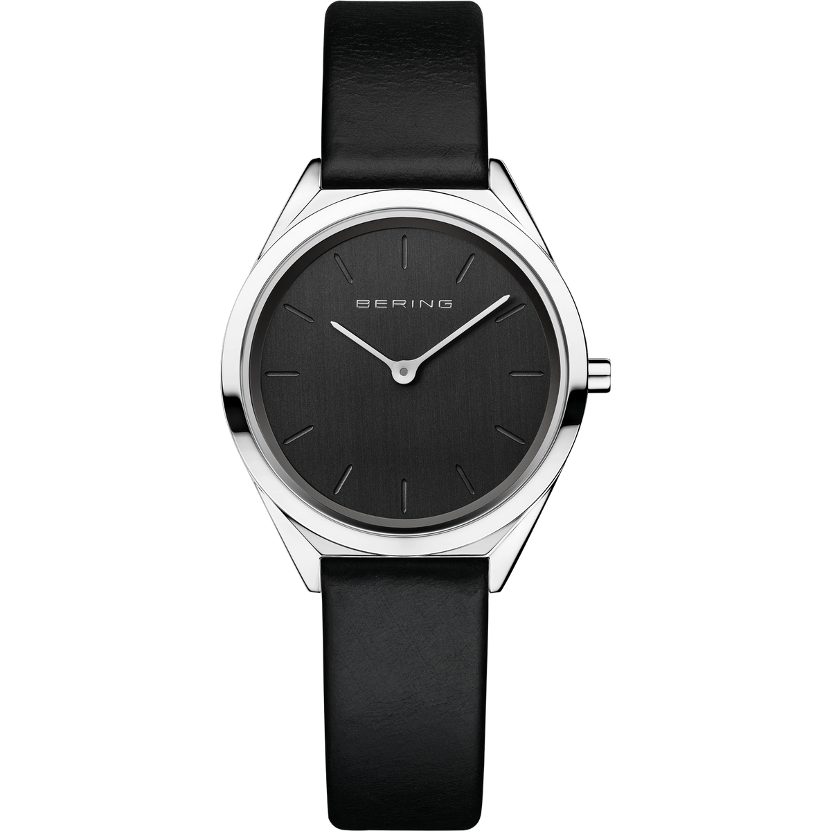 Front view: black dial, silver-tone case and smooth black strap.