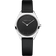Front view: black dial, silver-tone case and smooth black strap.