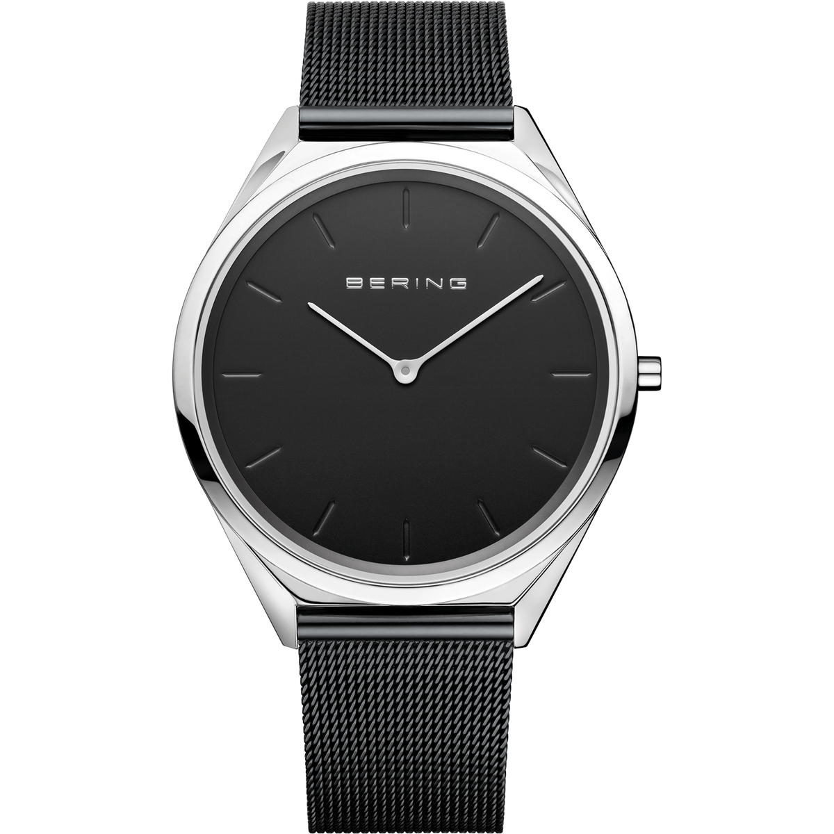 Reloj BERING de frente: esfera negra, caja plateada y correa de malla negra.