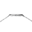 Side profile of the silver-tone watch case and crown between the ends of the silver-tone link bracelet.