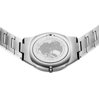 Engraved watch case back with the silver-tone link bracelet extended to either side.