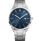 Front view: textured blue dial, silver-tone case and silver-tone link bracelet.
