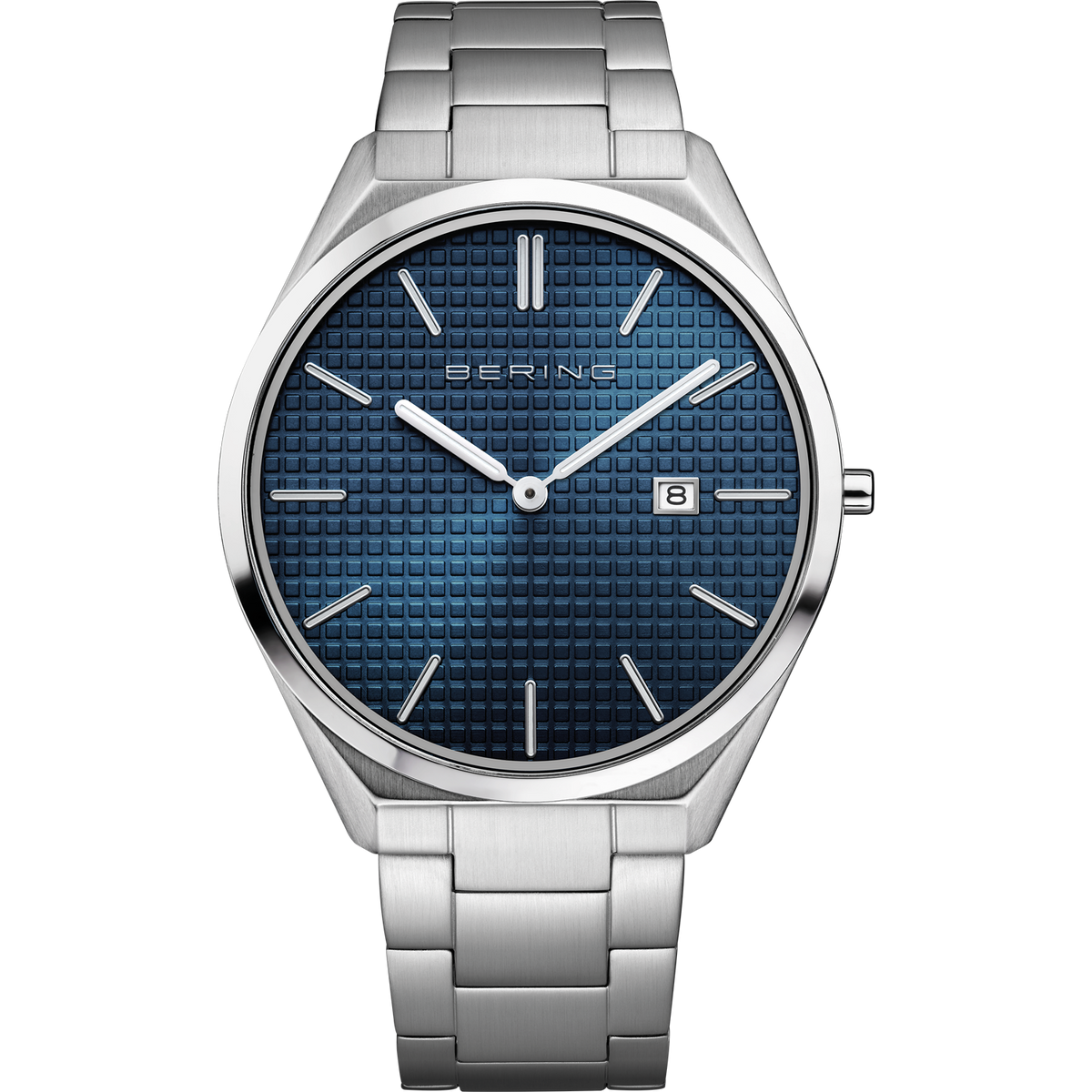 Front view: textured blue dial, silver-tone case and silver-tone link bracelet.