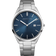 Front view: textured blue dial, silver-tone case and silver-tone link bracelet.