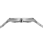 Side profile of the silver-tone watch case and crown between the ends of the silver-tone link bracelet.