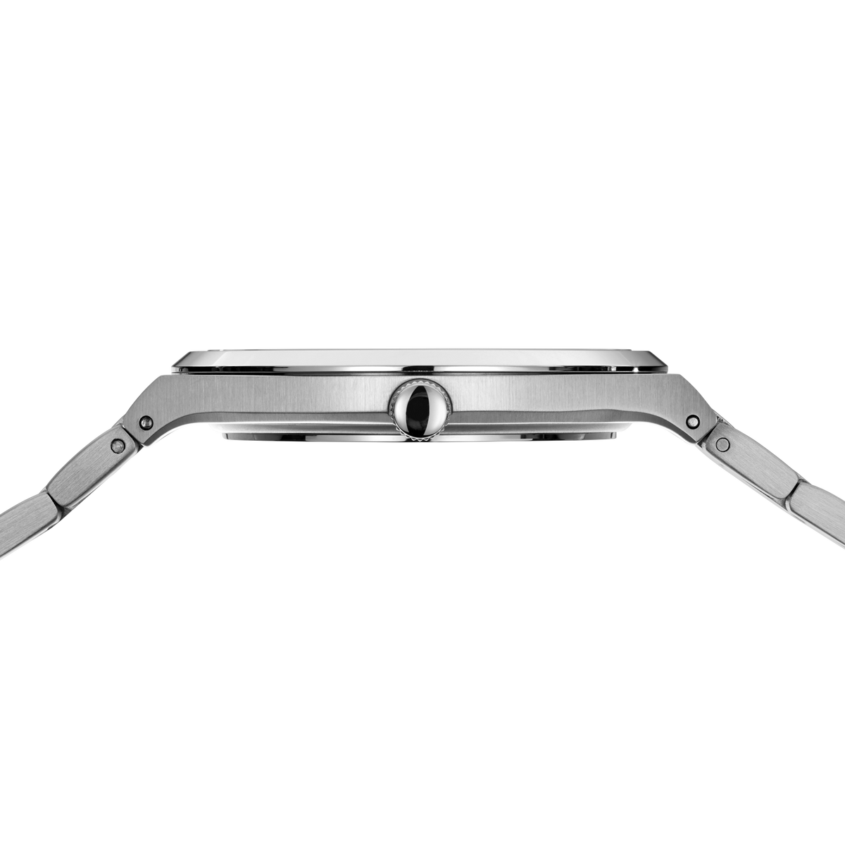 Side profile of the silver-tone watch case and crown between the ends of the silver-tone link bracelet.