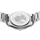 Engraved watch case back with the silver-tone link bracelet extended to either side.