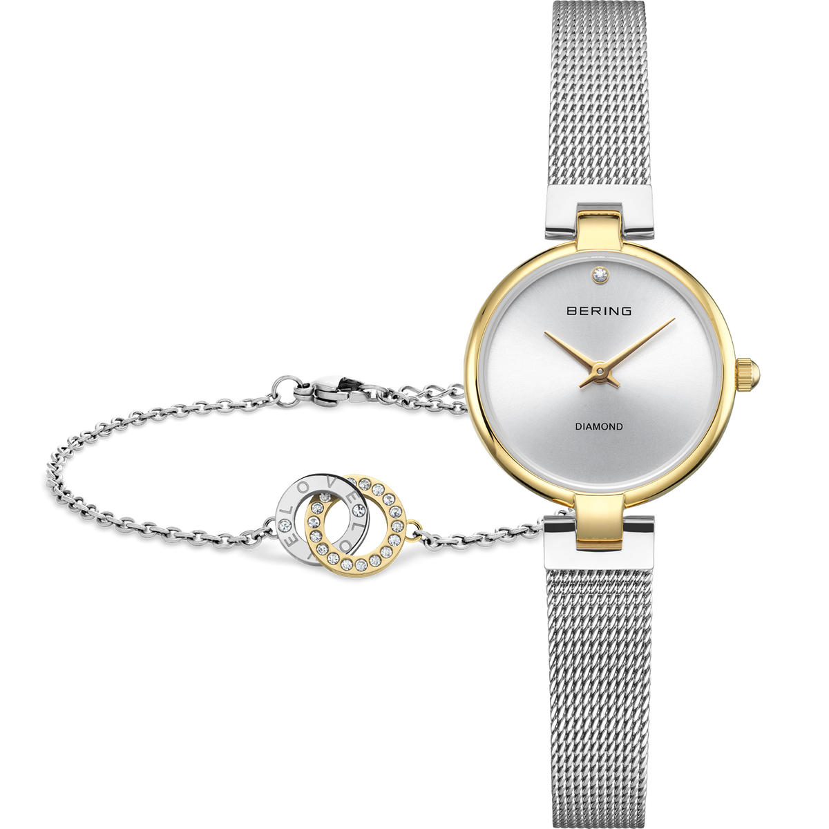 Reloj bicolor de esfera clara y correa de malla plateada junto a una pulsera con círculos entrelazados.