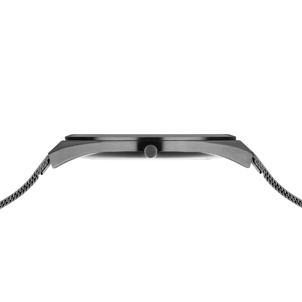 Side profile of the grey watch case and crown between the ends of the grey mesh strap.
