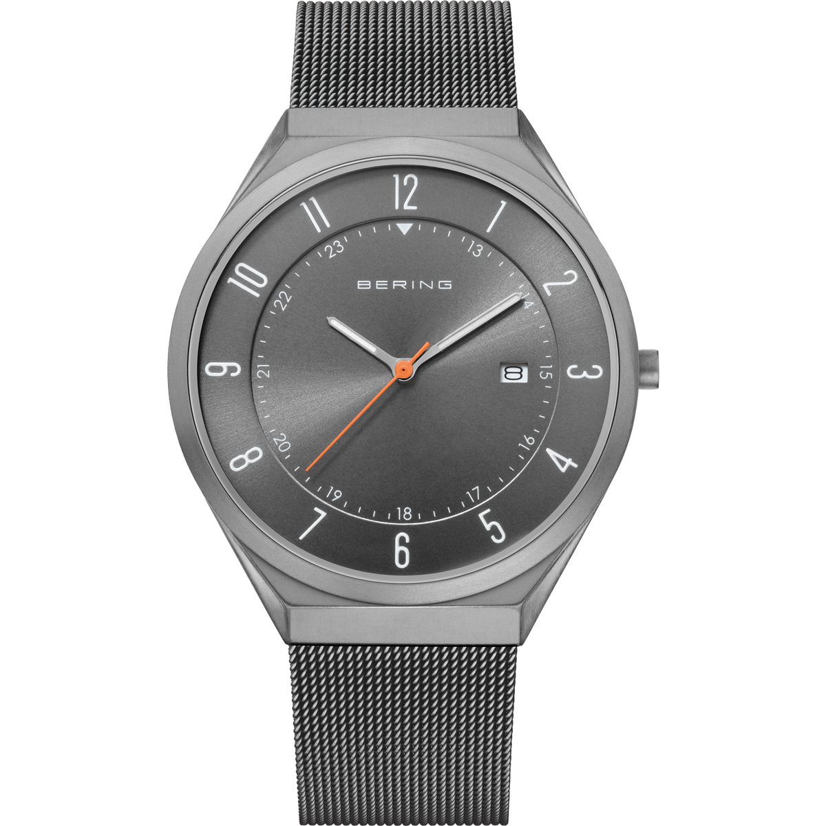 Front view: grey dial with an orange hand, grey case and grey mesh strap.