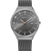 Front view: grey dial with an orange hand, grey case and grey mesh strap.