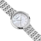 Diagonal overhead view of the pale mottled dial, silver-tone case and silver-tone link bracelet.
