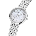 Angled close-up of the pale mottled dial and silver-tone case beside the silver-tone link bracelet.