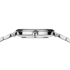 Side profile of the silver-tone watch case and crown between the ends of the silver-tone link bracelet.