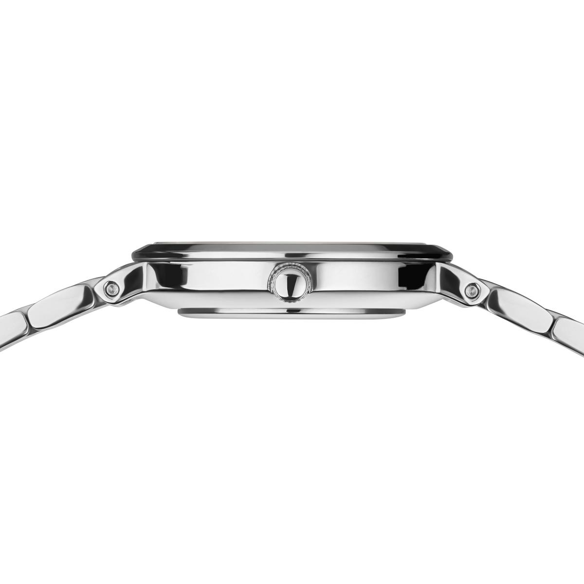 Side profile of the silver-tone watch case and crown between the ends of the silver-tone link bracelet.