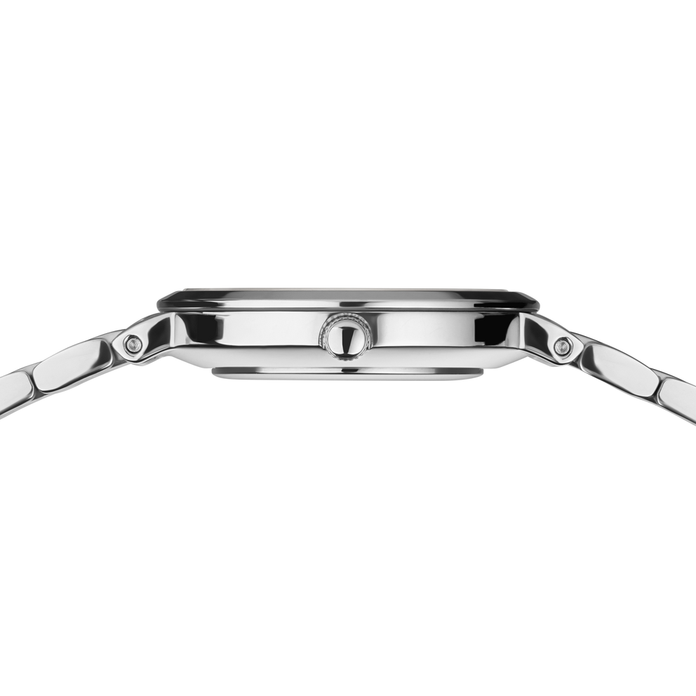 Side profile of the silver-tone watch case and crown between the ends of the silver-tone link bracelet.