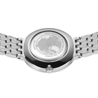 Engraved watch case back with the silver-tone link bracelet extended to either side.