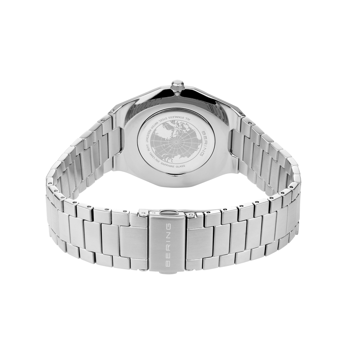 Vista posterior del reloj, con pulsera plateada de eslabones formando un aro y cierre cerrado.