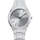 Reloj BERING de frente: esfera gris plateada, caja plateada y pulsera plateada de eslabones.