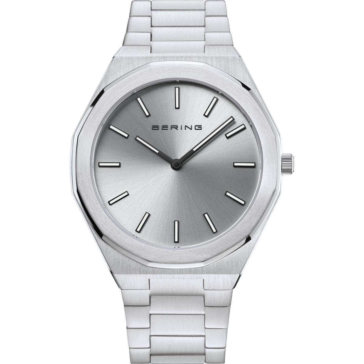 Reloj BERING de frente: esfera gris plateada, caja plateada y pulsera plateada de eslabones.
