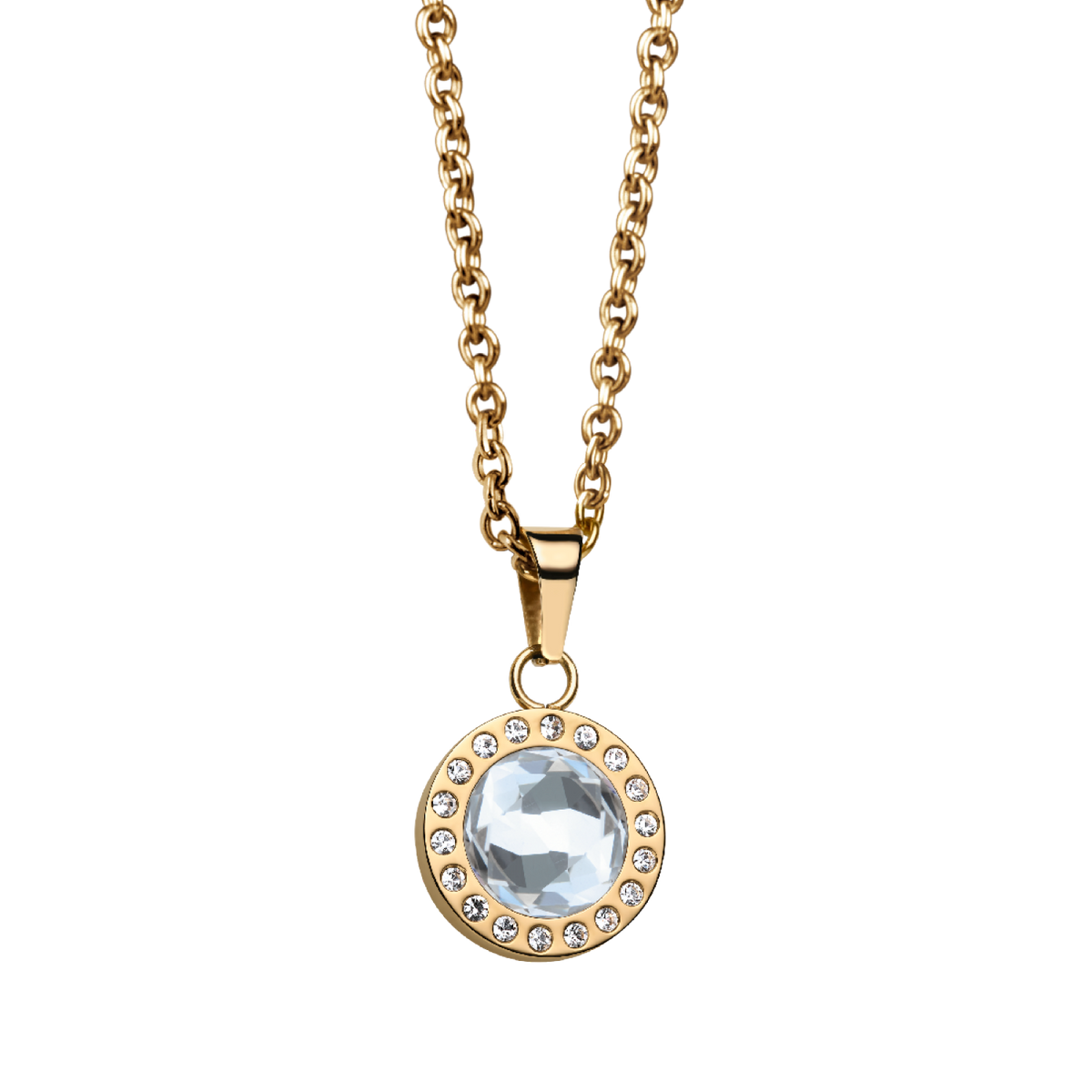 Gold-tone chain with a round clear faceted pendant surrounded by smaller sparkling accents.