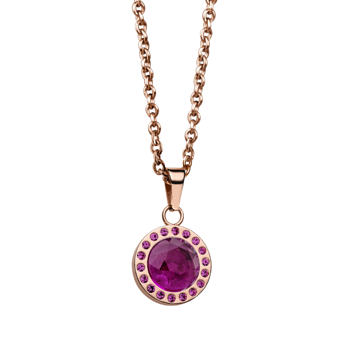 Cadena rosada con colgante facetado rosa intenso rodeado de pequeños detalles rosas.