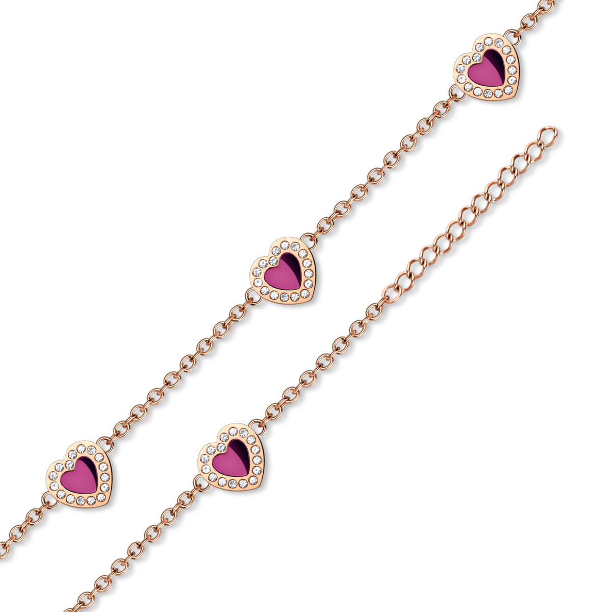 Detalle de los corazones rosas, los bordes brillantes y la cadena rosada de extensión.