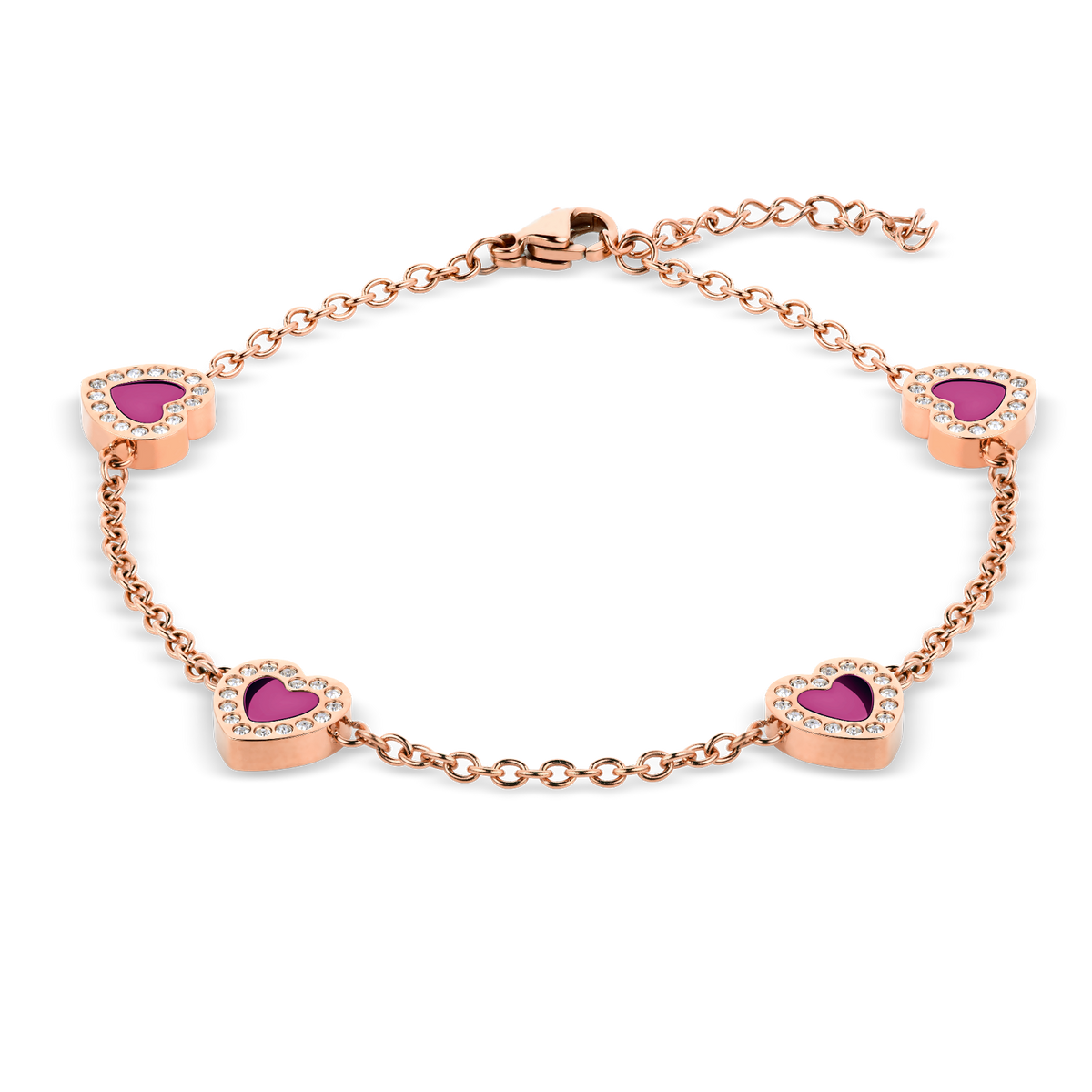 Pulsera de cadena rosada con cuatro corazones rosa intenso de borde brillante, dispuesta en óvalo.