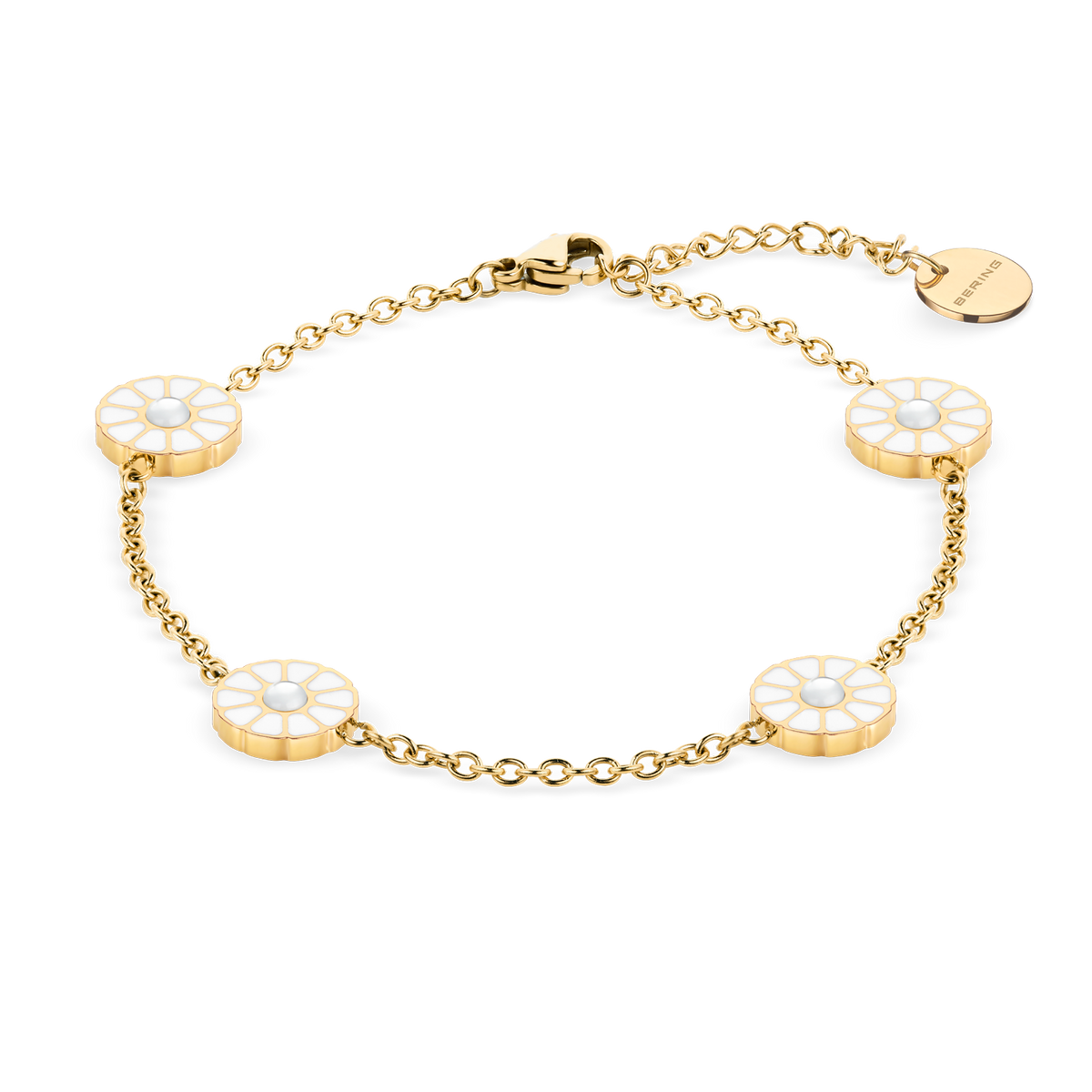 Pulsera de cadena dorada con cuatro detalles redondos abiertos con radios, dispuesta en óvalo.