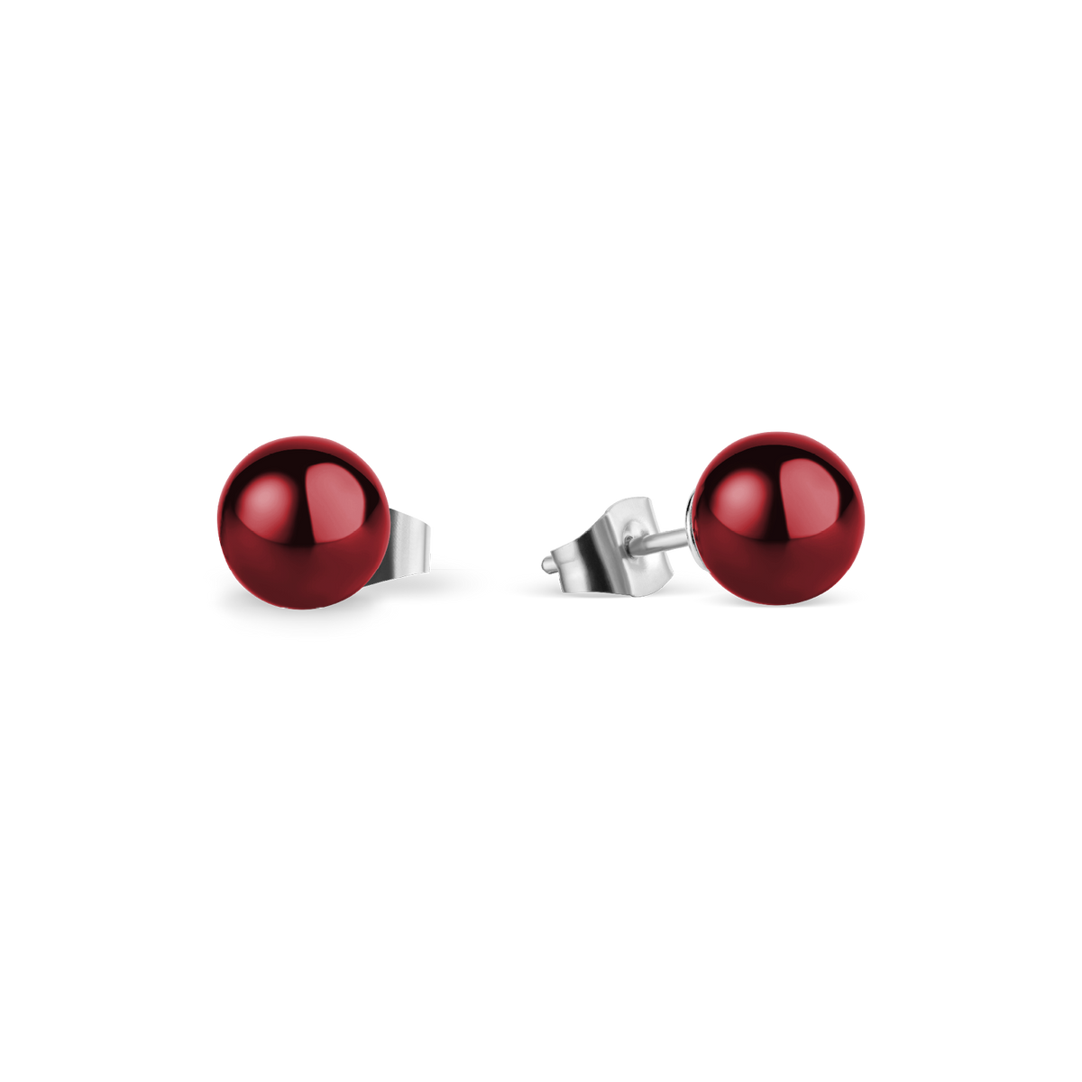 Par de pendientes esféricos rojo oscuro brillante con postes y cierres plateados.