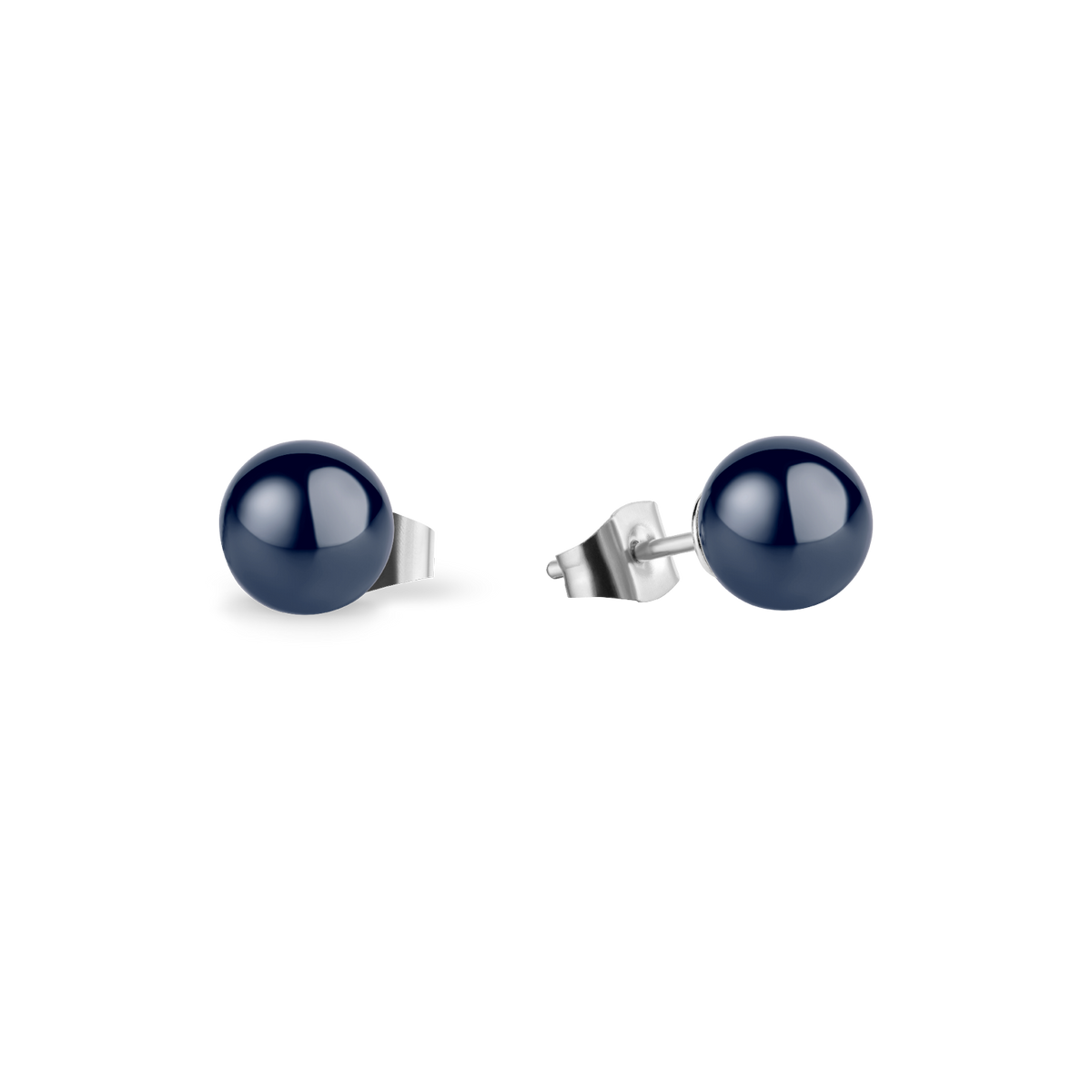 Pair of glossy dark blue spherical stud earrings with silver-tone posts and backs.
