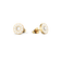 Pendientes circulares dorados con centros blancos y detalles radiales similares a radios.